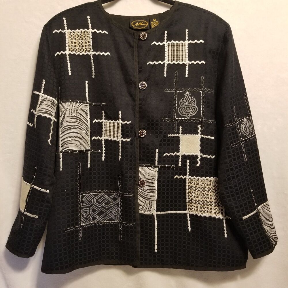 Allure M Blazer Jacket Long Sleeve Button Black Mixed Media Lagenlook Career VTG
